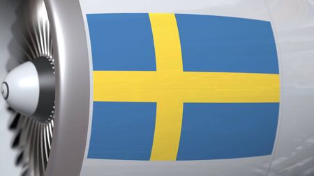 Aircraft engine with flag of Sweden, Swedish air transportation related 3D rendering