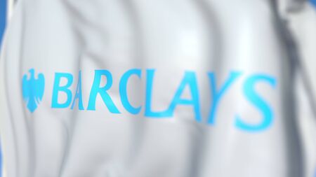 Waving flag with Barclays logo, close-up. Editorial 3D renderingのeditorial素材