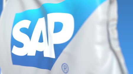 Waving flag with SAP SE logo, close-up. Editorial 3D renderingのeditorial素材