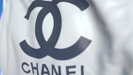 Waving flag with Chanel S.A. logo, close-up. Editorial 3D renderingのeditorial素材