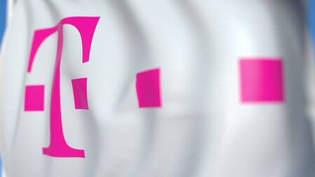 Waving flag with Deutsche Telekom AG logo, close-up. Editorial 3D rendering