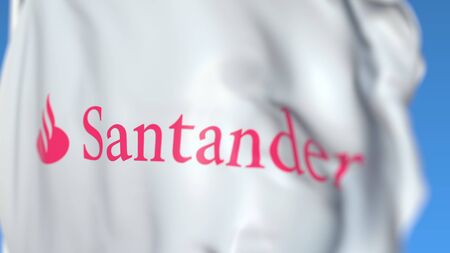 Waving flag with Banco Santander S.A. logo, close-up. Editorial 3D renderingのeditorial素材