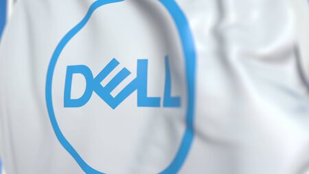 Waving flag with Dell logo, close-up. Editorial 3D renderingのeditorial素材