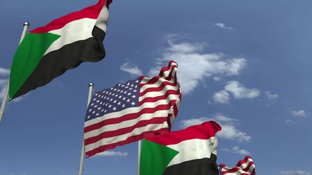 Waving flags of Sudan and the USA on sky background, 3D renderingの写真素材