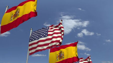 Many flags of Spain and the USA, 3D renderingの写真素材