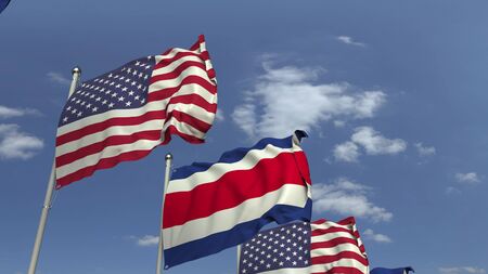 Waving flags of Costa Rica and the USA on sky background, 3D renderingの写真素材