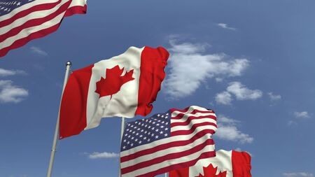 Row of waving flags of Canada and the USA, 3D renderingの写真素材