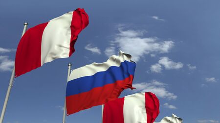 Many flags of Peru and Russia, 3D renderingの写真素材