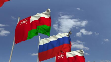 Flags of Oman and Russia at international meeting, 3D renderingの写真素材