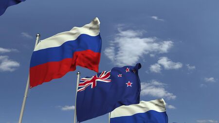 Many flags of New Zealand and Russia, 3D renderingの写真素材