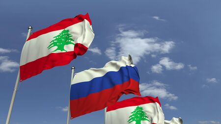 Waving flags of Lebanon and Russia on sky background, 3D renderingの写真素材