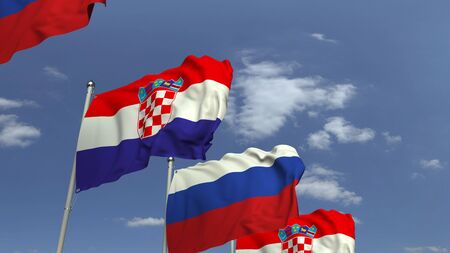 Row of waving flags of Croatia and Russia, 3D renderingの写真素材