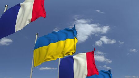 Flags of Ukraine and France at international meeting, 3D renderingの写真素材