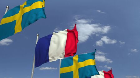 Many flags of Sweden and France, 3D renderingの写真素材