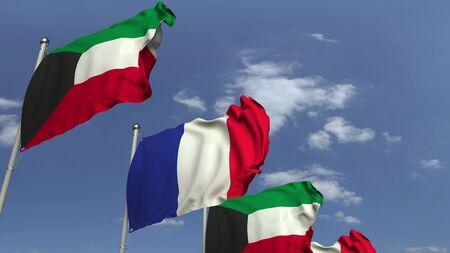 Flags of Kuwait and France at international meeting, 3D renderingの写真素材