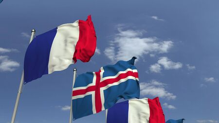 Waving flags of Iceland and France, 3D renderingの写真素材