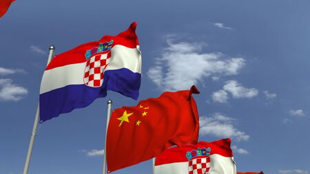 Row of waving flags of Croatia and China, 3D renderingの写真素材