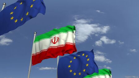 Waving flags of Iran and the EU on sky background, 3D renderingの写真素材