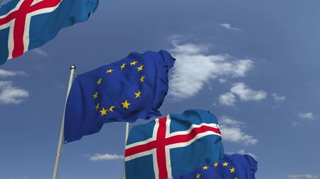 Waving flags of Iceland and the European Union EU, 3D renderingの写真素材