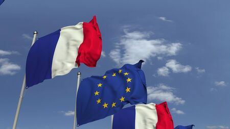 Flags of France and the European Union at international meeting, 3D renderingの写真素材