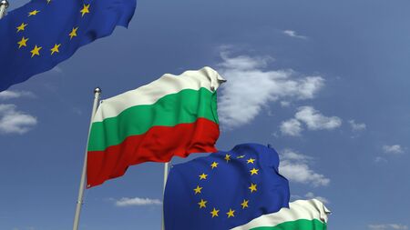 Row of waving flags of Bulgaria and the European Union EU, 3D renderingの写真素材