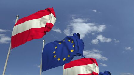 Waving flags of Austria and the EU on sky background, 3D renderingの写真素材