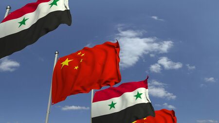 Flags of Syria and China against blue sky, 3D renderingの写真素材