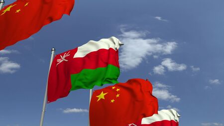 Flags of Oman and China at international meeting, 3D renderingの写真素材
