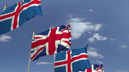 Waving flags of Iceland and the United Kingdom, 3D renderingの写真素材