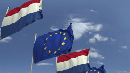 Flags of Netherlands and the European Union against blue sky, 3D rendering