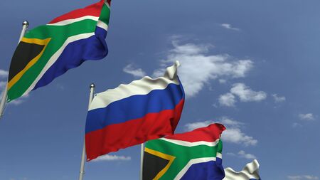 Row of waving flags of South Africa and Russia, 3D renderingの写真素材