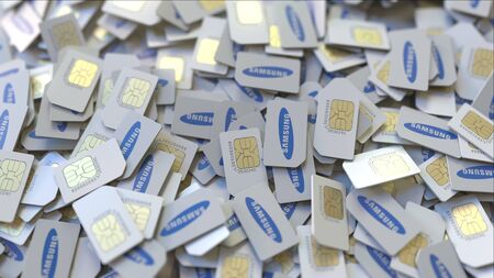 SIM cards with Samsung logo, close-up. Editorial telecommunication related 3D renderingのeditorial素材