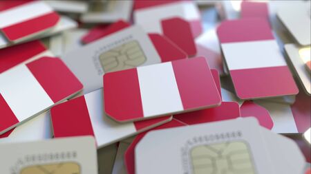 Pile of SIM cards with flag of Peru. Peruvian mobile telecommunications related conceptual 3D renderingの写真素材