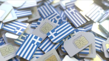 Multiple SIM cards with flag of Greece. Greek mobile telecommunications conceptual 3D renderingの写真素材
