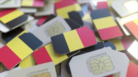 Many SIM cards with flag of Belgium, Belgian mobile telecommunications related 3D renderingの写真素材