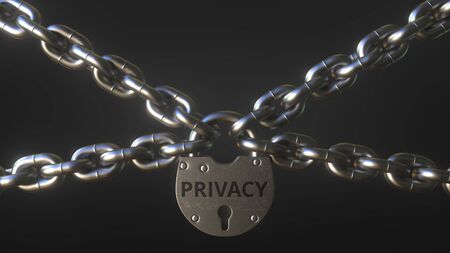 PRIVACY word on a padlock holding metal chains. Conceptual 3D renderingの写真素材