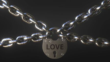 LOVE word on a padlock holding metal chains. Conceptual 3D renderingの写真素材