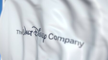 Flag with The Walt Disney Company logo, close-up. Editorial 3D renderingのeditorial素材