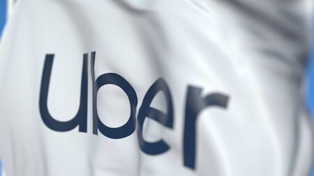 Flag with Uber Technologies Inc. logo, close-up. Editorial 3D renderingのeditorial素材