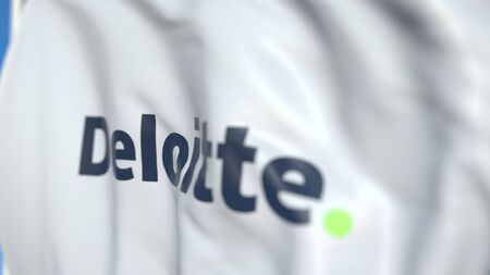 Flag with Deloitte logo, close-up. Editorial 3D renderingのeditorial素材