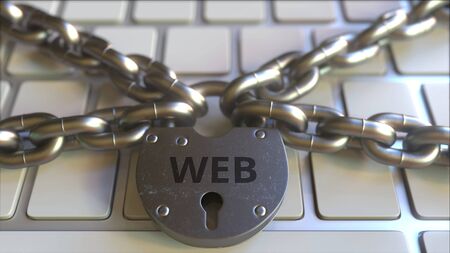 Chains and padlock with WEB text on the computer keyboard. Conceptual 3D renderingの写真素材