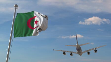 Airplane flying over flag of Algeria. Algerian air transportation related 3D renderingの写真素材