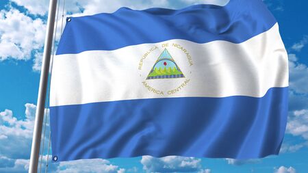 Waving flag of Nicaragua on sky background. 3D renderingの写真素材