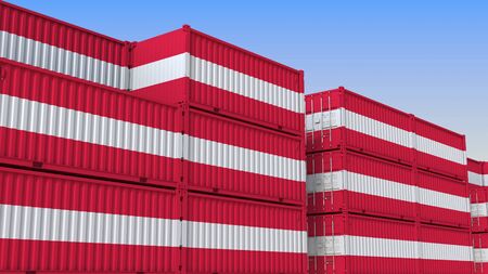 Container yard full of containers with flag of Austria. Austrian export or import related 3D renderingの写真素材