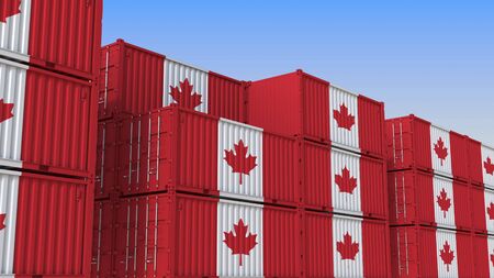 Container terminal full of containers with flag of Canada. Canadian export or import related 3D renderingの写真素材