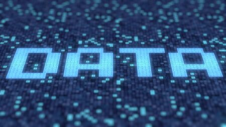 Flashing symbols on a blue screen compose DATA word. 3D rendering