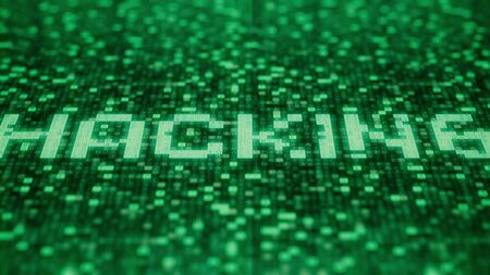 Flashing symbols on a green computer screen compose HACKING word. 3D rendering
