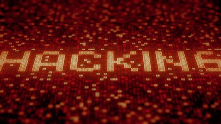 Flashing hexadecimal symbols on a red computer screen compose HACKING word. 3D rendering