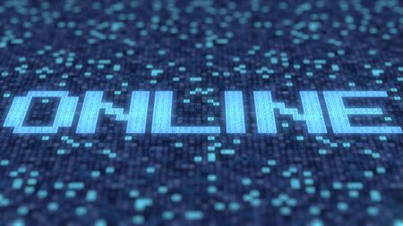 Flashing hexadecimal symbols on a blue computer screen compose ONLINE word. 3D renderingの写真素材