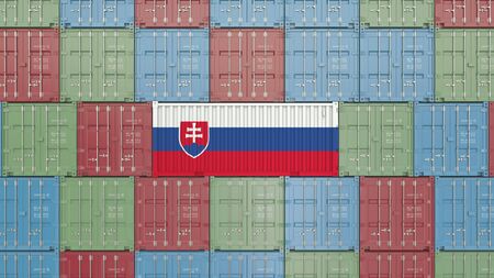 Cargo container with flag of Slovakia. Slovak goods related conceptual 3D renderingの写真素材